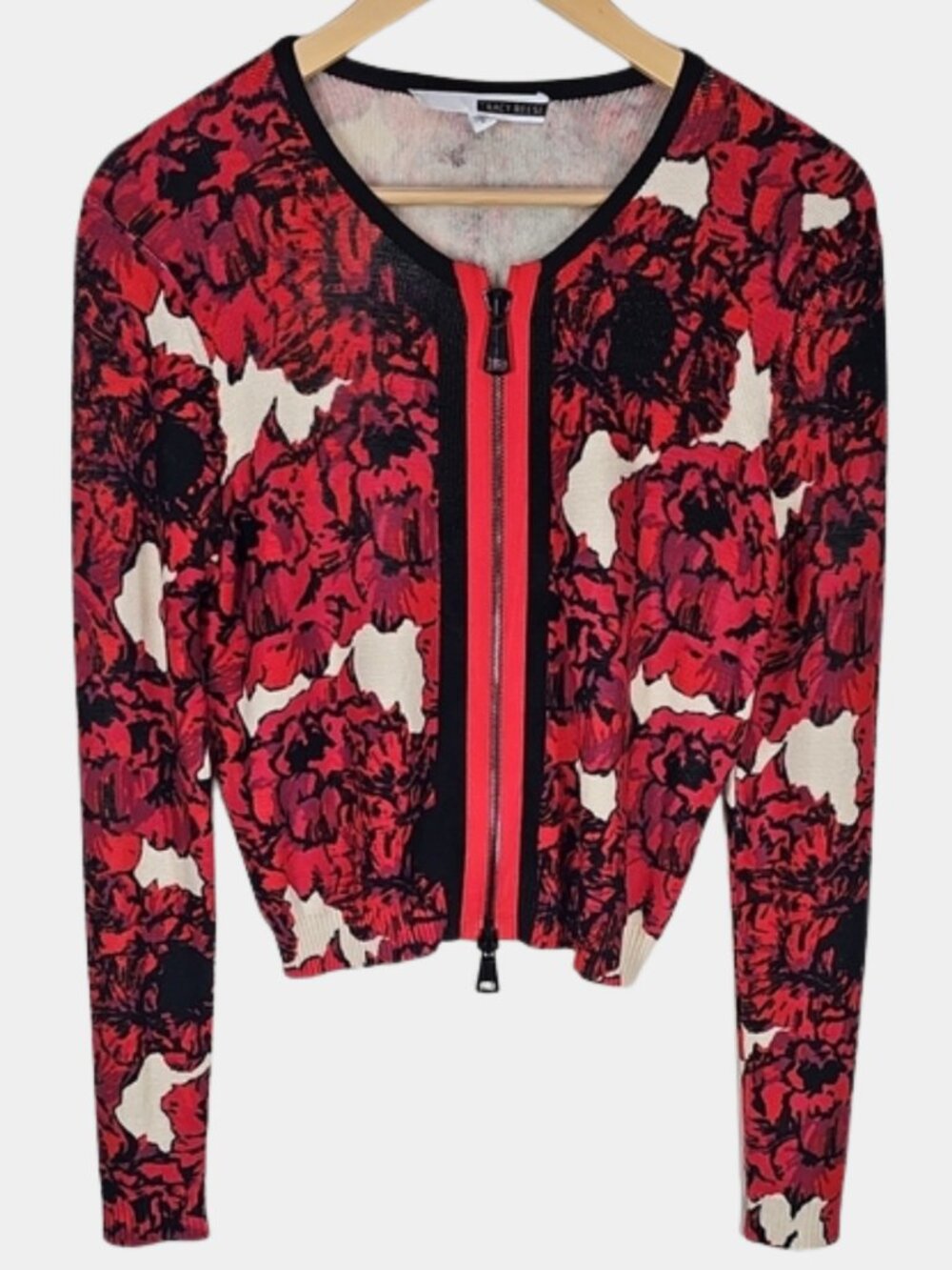 NWOT Tracy Reese Floral Zip Cardigan Sz M Red Black Cropped Designer Whimsical